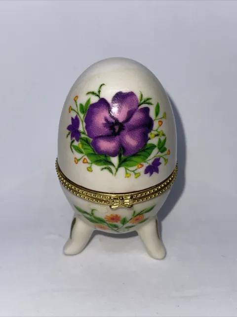 Porcelain Footed Egg Trinket Box Floral Purple Pansy Pattern  Easter Spring