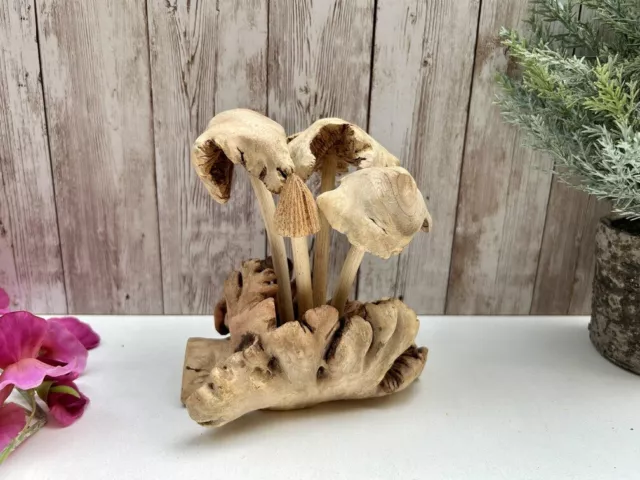 Wooden 4 Eroded Bali Mushroom Sculpture Ornament Gift - Handcarved Teak Root