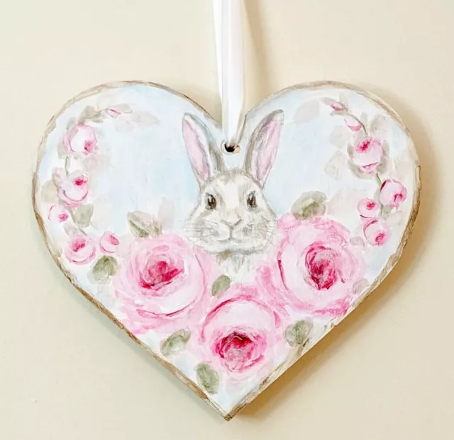 BUNNY RABBIT HEART shabby chic garden wood cottage roses Hand Painted Easter new