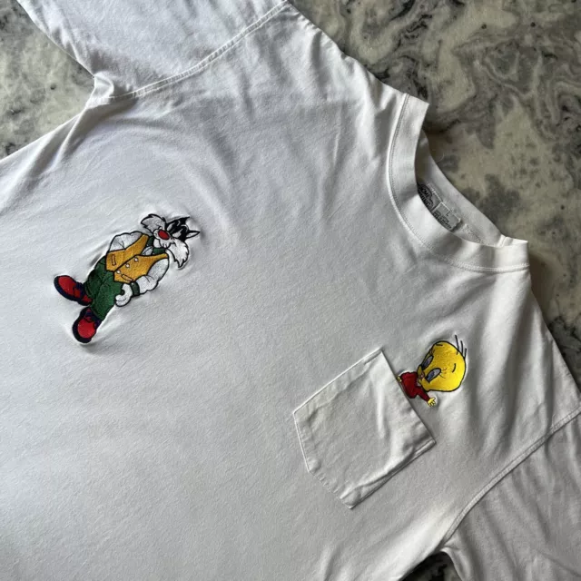 Vintage Acme Clothing Looney Tunes 1991 90s Tweety Sylvester Pocket Tshirt L