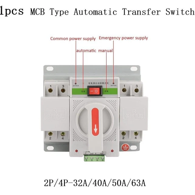 lyrlody Automatischer Transfer Switch, 220V 63A 4P Mini Leistungsschalter, Dual Power Switch mit EPS Schnittstelle für Brandbekämpfung, 220x132x120mm
