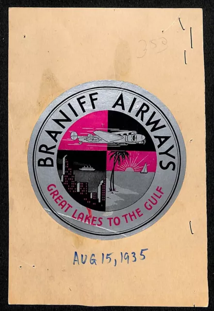 Braniff Airways Great Lakes to the Gulf Luggage Label - Affixed to Cardboard