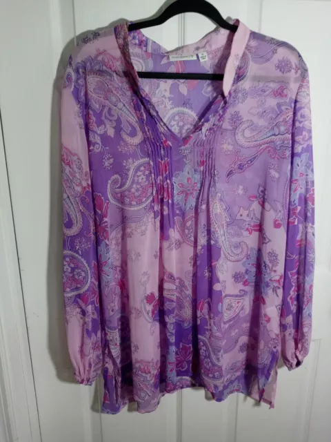 SUSAN GRAVER Womans Size 1X Purple Paisley Blouse Semi Sheer Long Sleeve Top