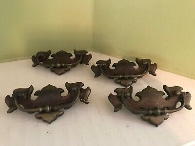 Lot of 4 antique stamped brass 5" X 2.5" drawer pulls with screws
