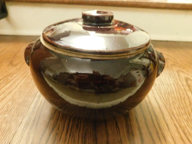 Vtg Brown Ceramic Stoneware Cook Crock Primitive Jar Pot Glazed w/ Lid & handles