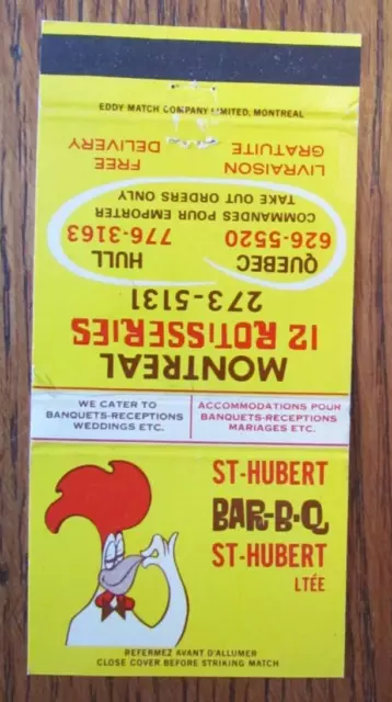 St. Hubert Bar-B-Q Restaurant Matchbook Matchcover: Montreal Quebec & Hull -C18