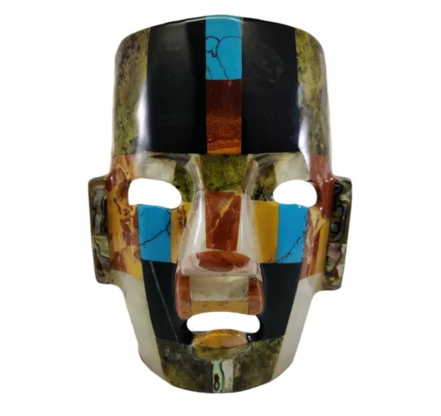 Mexican Art Mayan Aztec Mosaic Burial Mask Shell Stone Inlay Turquoise 6 in.