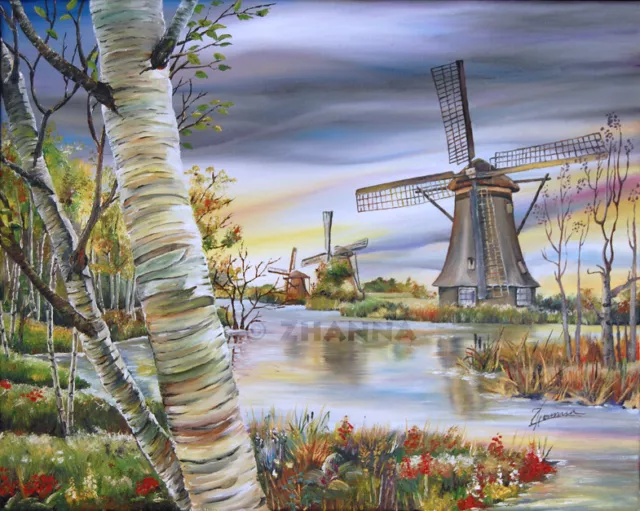 ORIGINAL ART Oil PAINTING LAKE Landscape WINDMILL & FLOWERS FOREST SUMMER