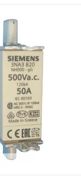 Siemens Cartouche Fusible 3NA3820 NH000 50A 500V 120ka Nh-Sicherung