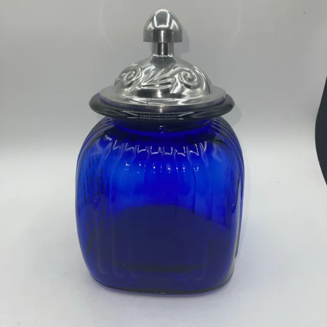 Artland Cobalt Blue Glass Ribbed Apothecary Jar Canister With Lid 10” Tall