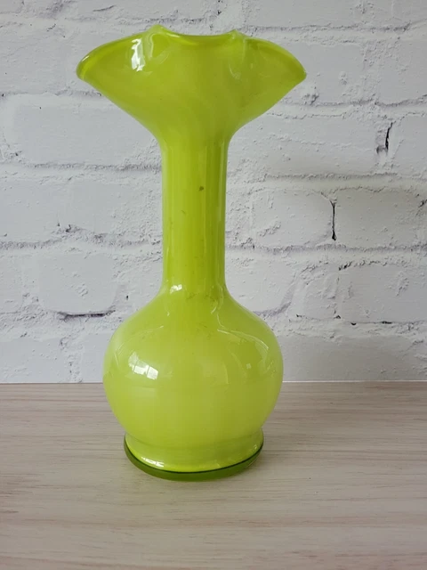 Vintage Art Glass Hand Blown Overlay Swirled Bud Glass Vase Yellow