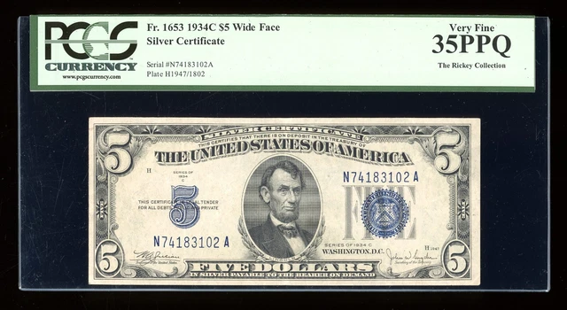 DBR $5 1934-C Silver Fr. 1653W NA Block Wide Face PCGS 35 PPQ Serial N74183102A