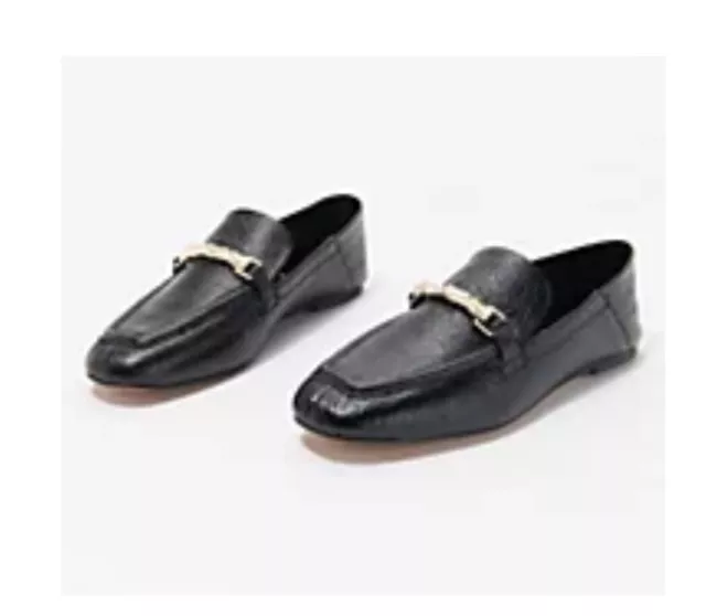Vince Camuto Leather Slip On Pebbled Leather Loafers Black Gold Size 6.5 W NEW