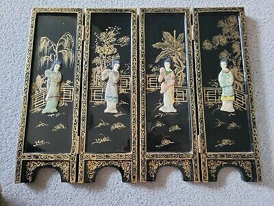 Vintage Chinese Lacquer Folding Screen Carved Bovine Bone Golden Hand-Painted