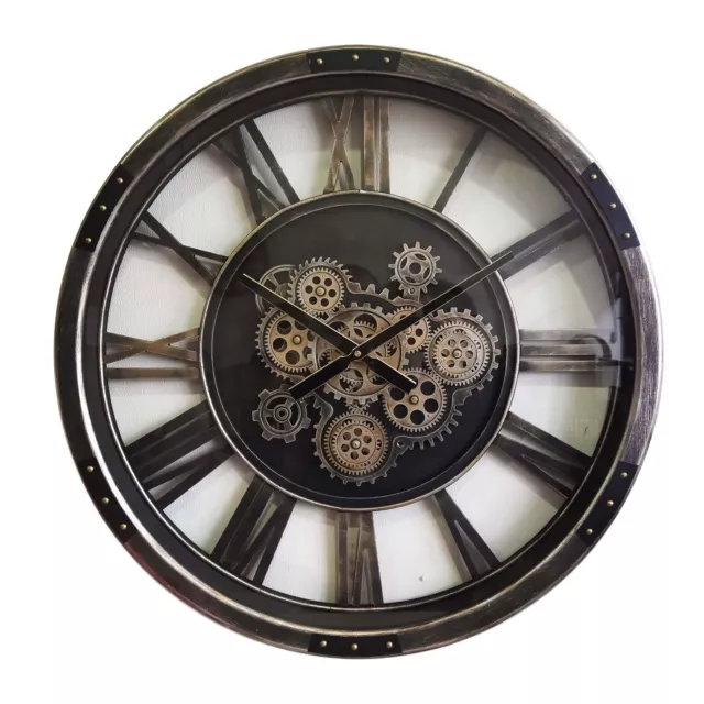 Gear Wall Clock 68 CM Large Industrial Moving Roman Numerals Metal Round Time