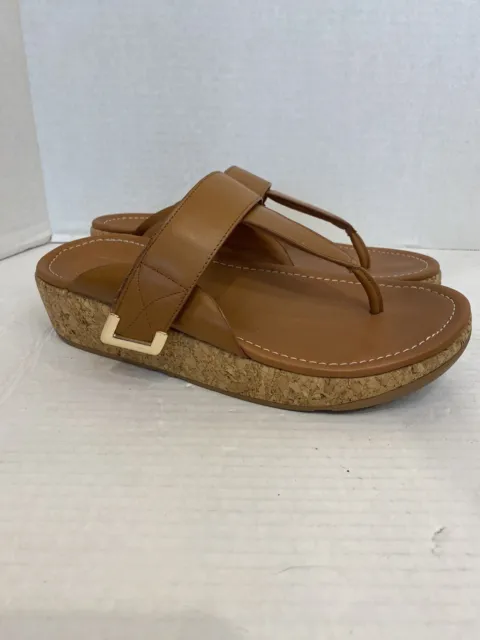 Fitflop Womens Remi Toe Post Brown Leather T Strap Cork Wedge Sandals Size 9