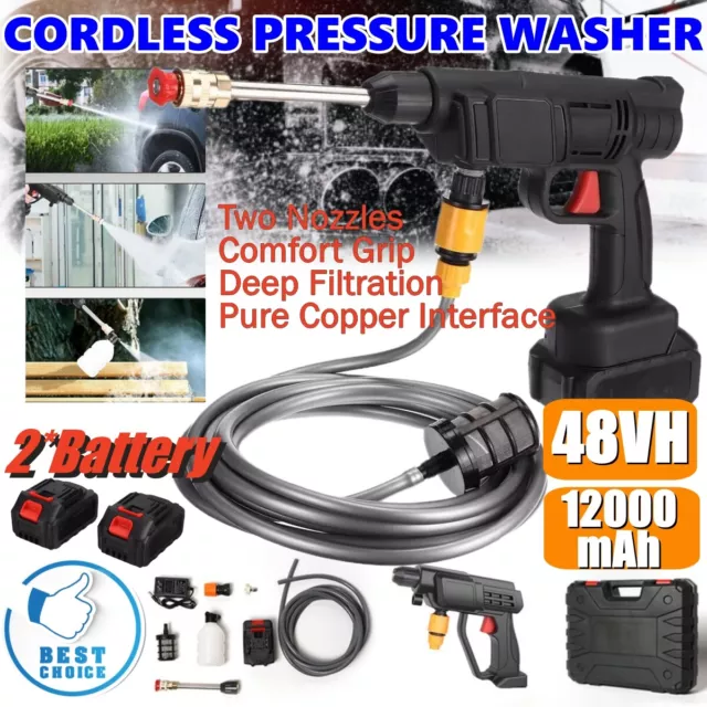 48V Cordless Electric High Pressure Washer Water Spray Gun Car Cleaner 2*Battery