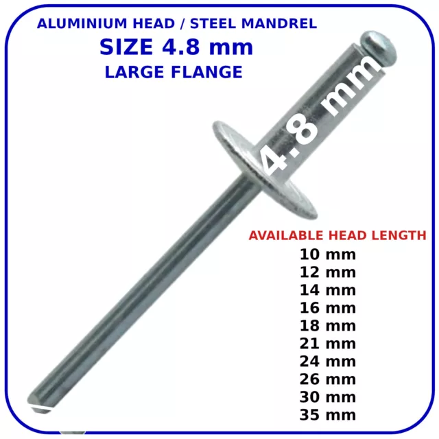 4.8 mm LARGE FLANGE POP RIVETS ALUMINIUM HEAD-STEEL MANDREL DOME BLIND