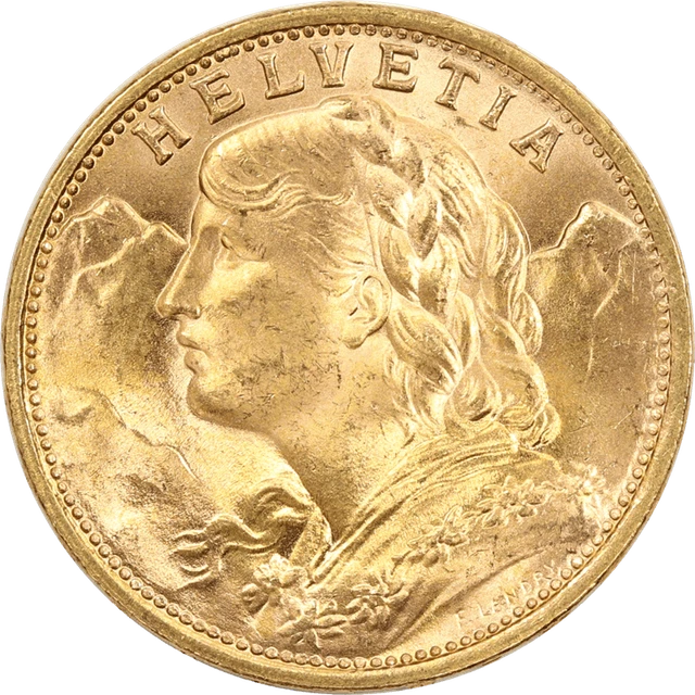 1897-1949 Swiss Helvetia 20 Francs Random Year Mixed type (.1867 ozt) 1897-1949 Swiss Helvetia 20 Francs Random Year Mixed type (.1867 ozt)