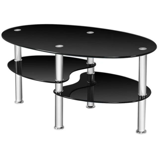 Tempered Glass Oval Side Coffee Table Storage Shelf Metal Living Room Home Black