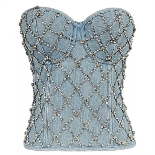 Women Denim Tube Diamond Beaded Strapless Vest Lace Up Zipper Bustier Bra Party