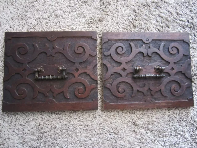 Pair Oak? Primitive Cabinet Drawer Fronts Victorian Brass Handles Hanging Hooks