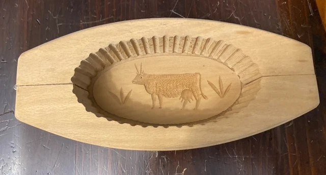 Vintage French Wooden Butter Mold Cow Pattern Never Been Used Hand Carved Mint