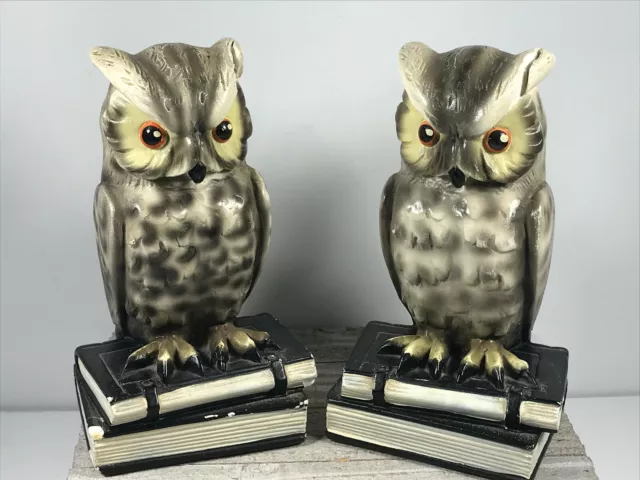 Pair (x2) Vintage 40s 50s 60s Hand-painted Owl on Books Bookends chalk chalkware