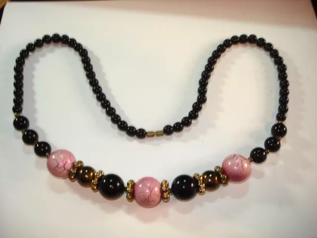 Vintage Cracked Look Pink Black Large Beaded Necklace