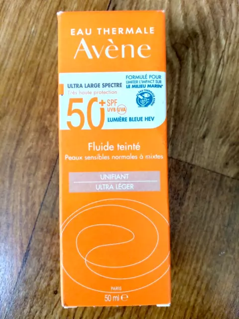 Avène SPF 50+ Crème Solaire Fluide Teinté Eau Thermale Peau sensible 50ml NEUF