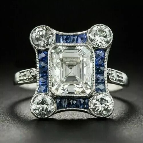 4.0Ct Art Deco Style Emerald Cut Lab-Created Diamond & Sapphire Halo Ring Silver