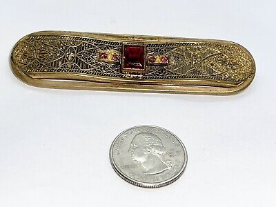 Antique Edwardian Art Nouveau Czech Red Glass Filigree￼ Bar Pin Brooch AS IS