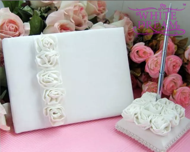 Ivory / White Wedding Guest Book and Pen Set | Rose Flowers Boxed | NEW