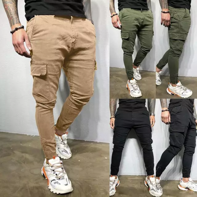 Mens Cargo Combat Work Pants Joggers Skinny Pockets Slim Fit Bottoms Trousers 46