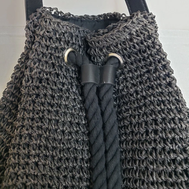 Sac à dos sac à dos en paille tissée noire Raffia, fermeture corde douce hippie boho plage 2