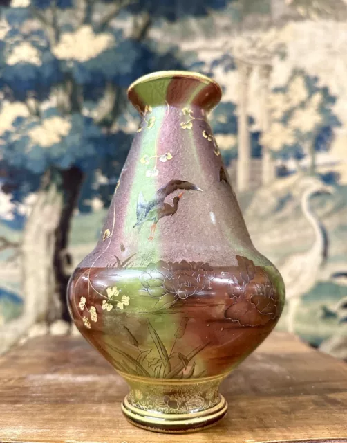 Daum Nancy - Rare Vase Aux Herons Ou Grues, Roseaux Et Nénuphars, Art Nouveau