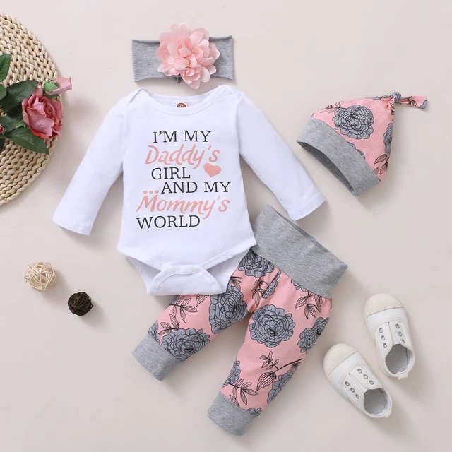 Set 4 pz vestiti neonate neonate stampa lettere top pantaloni floreali fascia
