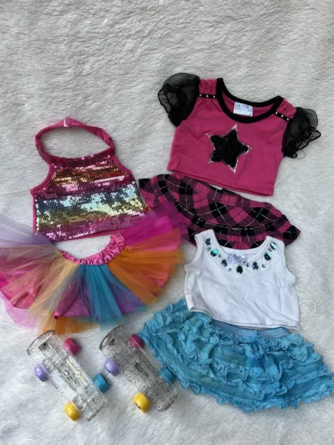 Build a Bear Roller Disco Skates Rainbow Pink Outfit Bundle Skirt  T-shirts Vgc