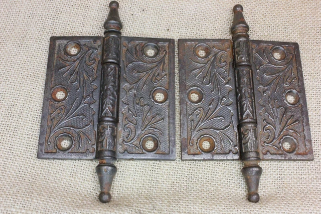 2 Old Door Hinges 3 1/2 X 3 1/2" Antique Steeple Top Clean Vintage Iron Scrolls