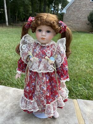 Collection Porcelain Doll  Brunette  Hair -  Green Eyes - Red Lace print  Dress