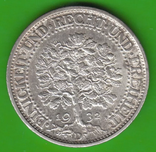 Münze Silber Mark 5 Reichsmark 1932 D Eichbaum in vz hübsch nswleipzig