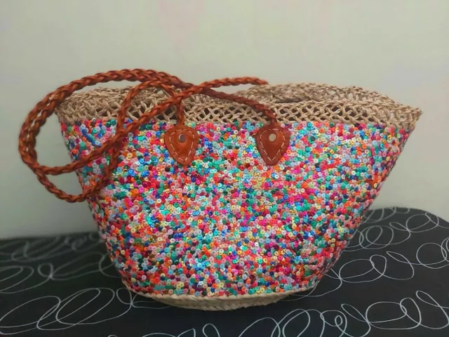 Moroccan HandWoven Wonderful Colors Sequins Basket, French Market Beach Bag