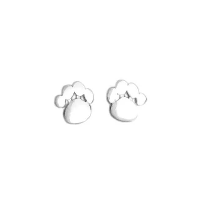 Rhodium on Sterling Silver Shiny Kitten Dog Paw Print Post Stud Earrings