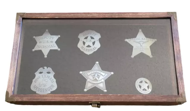 Replica Western Old West Collector Badge Set With 8.5" X 15" Wooden Display Case