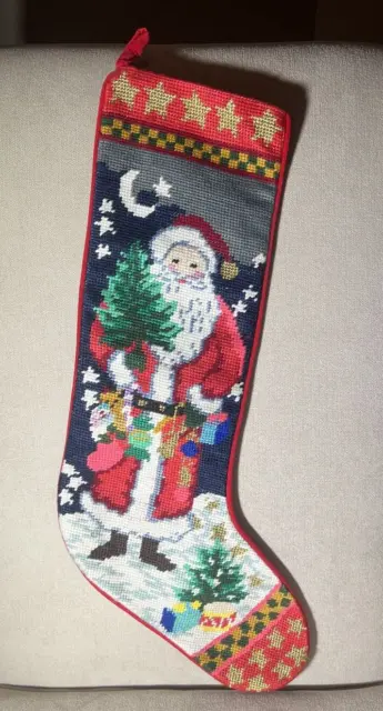 Vintage Wool Needlepoint Christmas Stocking Santa Tree Red Velvet Back