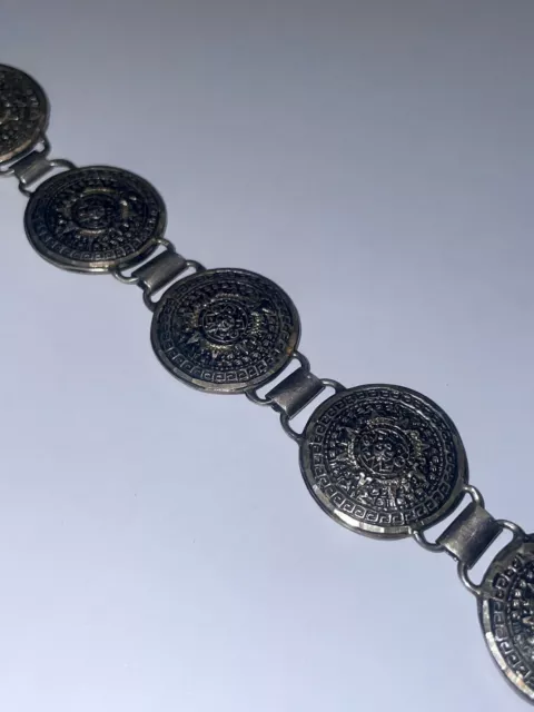 Vintage Mexiko massiv schweres Sterlingsilber aztekisches Maya Sonnenkalander Armband 8 Zoll