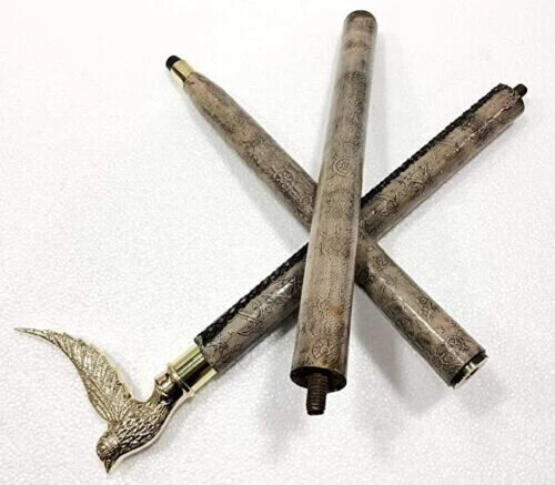 Bastón de madera con mango de pájaro de latón antiguo de 37 ", bastón de...