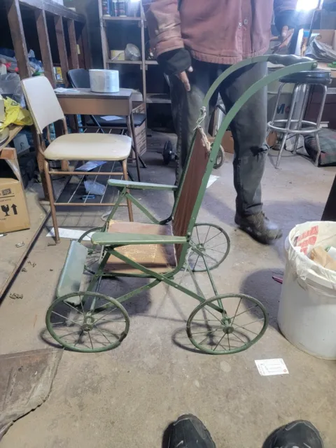 1920s Folding Stroller Antique English Vintage  Walker Baby Metal Spoke Wheels