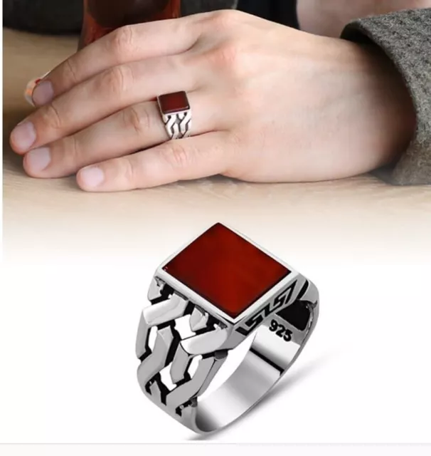 Men's Ring 925 Sterling Silver Turkish Handmade Jewelry Agate Stone All Size