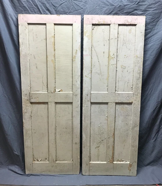 Pair Antique Wood 4 Panel Shabby White Cabinet Cupboard Doors VTG 21x60 188-23B 12
